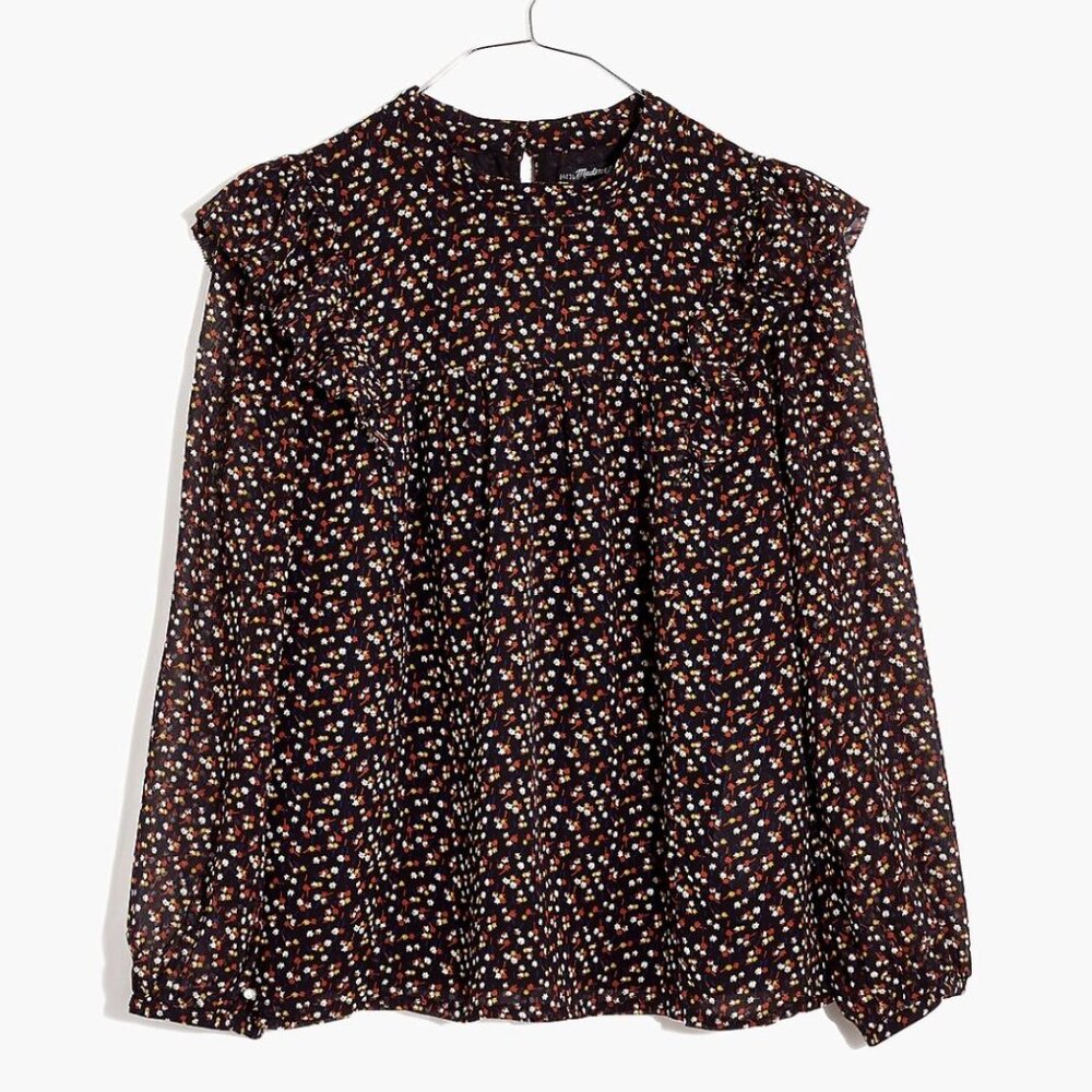 Madewell Georgette Mockneck Ruffle-Yoke Puff-Sleeve Top